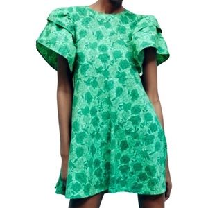 NWT ZARA MEDIUM EMERALD GREEN MINI DRESS DRAMATIC SLEEVE